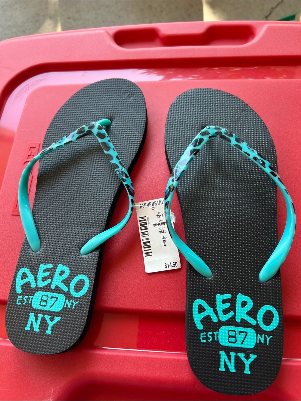 NWT Aeropostale aero flip flop sandals women’s 9 teal black leopard
